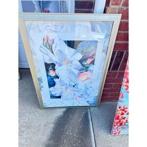 Large Framed Floral Art Print White Flowers Botanical Wall Decor Champagne Gold